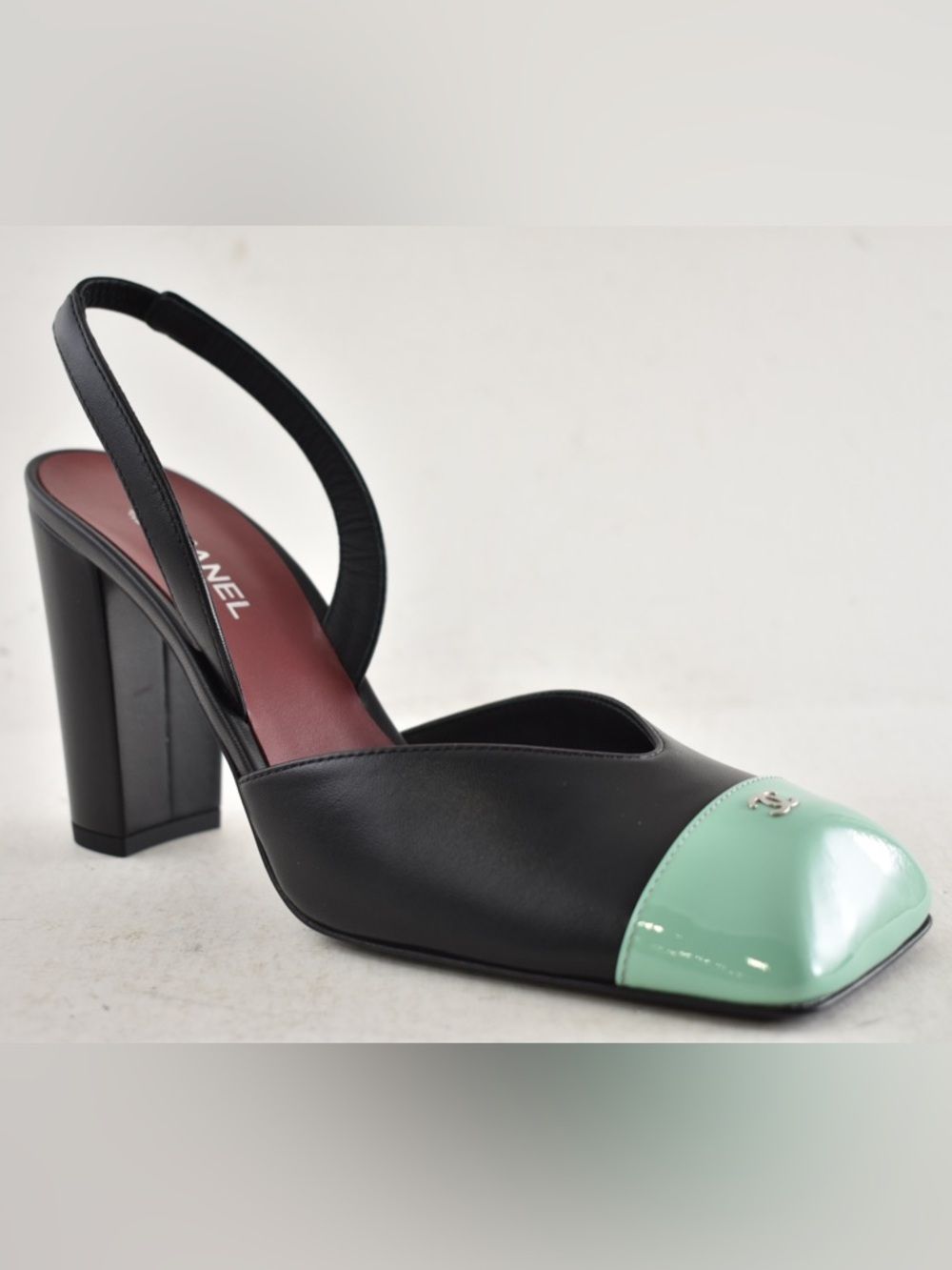 Chanel 26S Blazy Black Mint Green Square CC Sling Slingback Block Heel Pump 37.5 - Picture 4 of 16